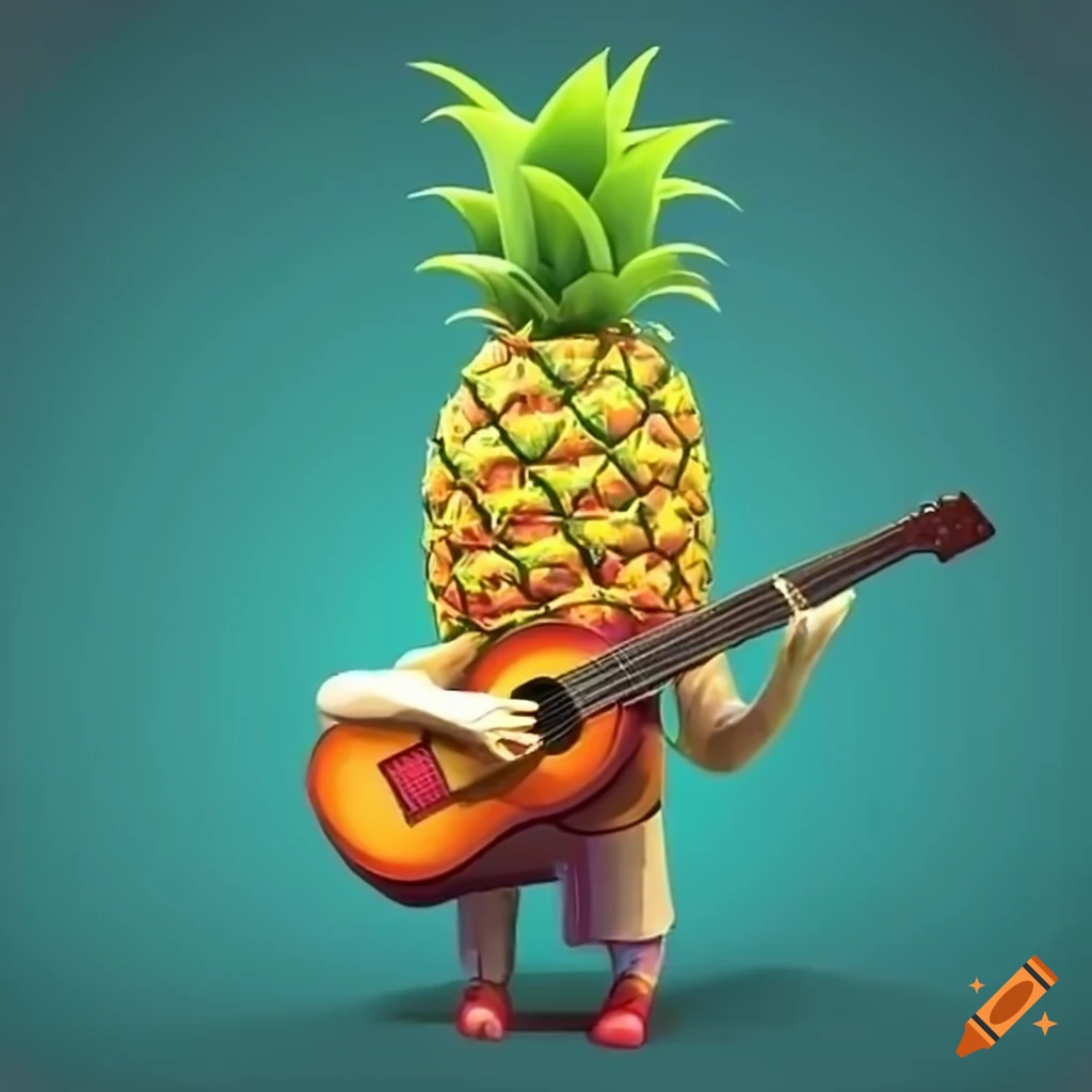 Animated pineapple playing guitar with a hat on Craiyon