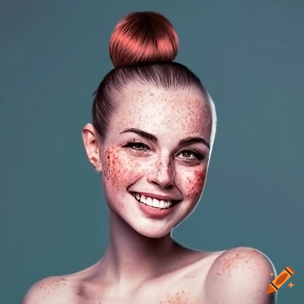 Portrait of a young woman with freckles and dark hair on Craiyon