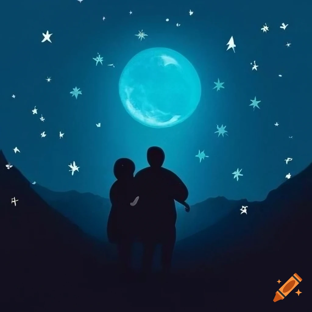 minimalist illustration of an elderly couple looking at the moon