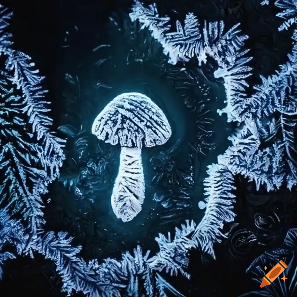 close-up of frost patterns forming a mushroom shape on glass