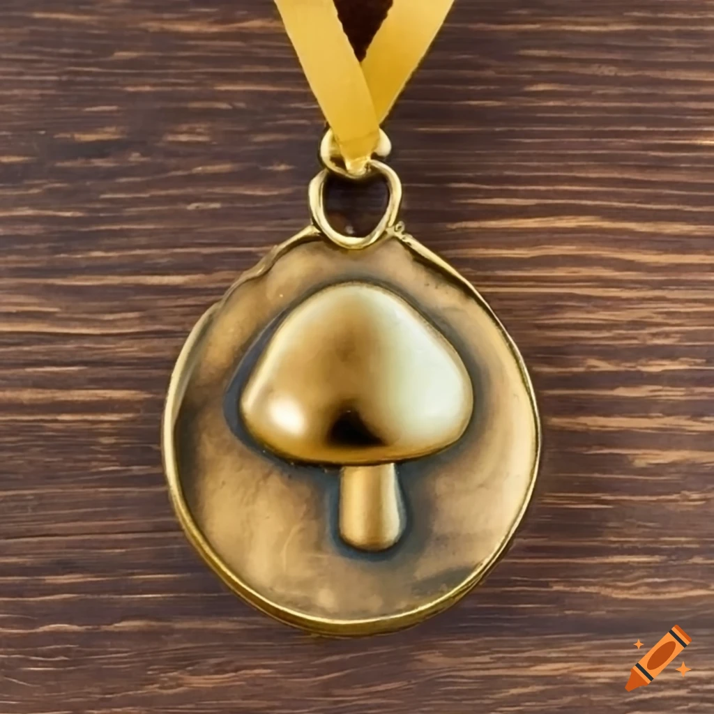 antique golden mushroom shaped medal on wooden table
