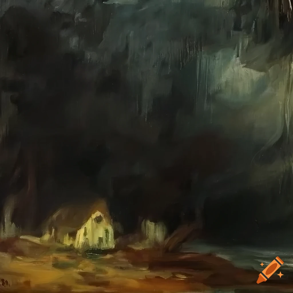 John constable style oil painting of a small house on a rainy beach