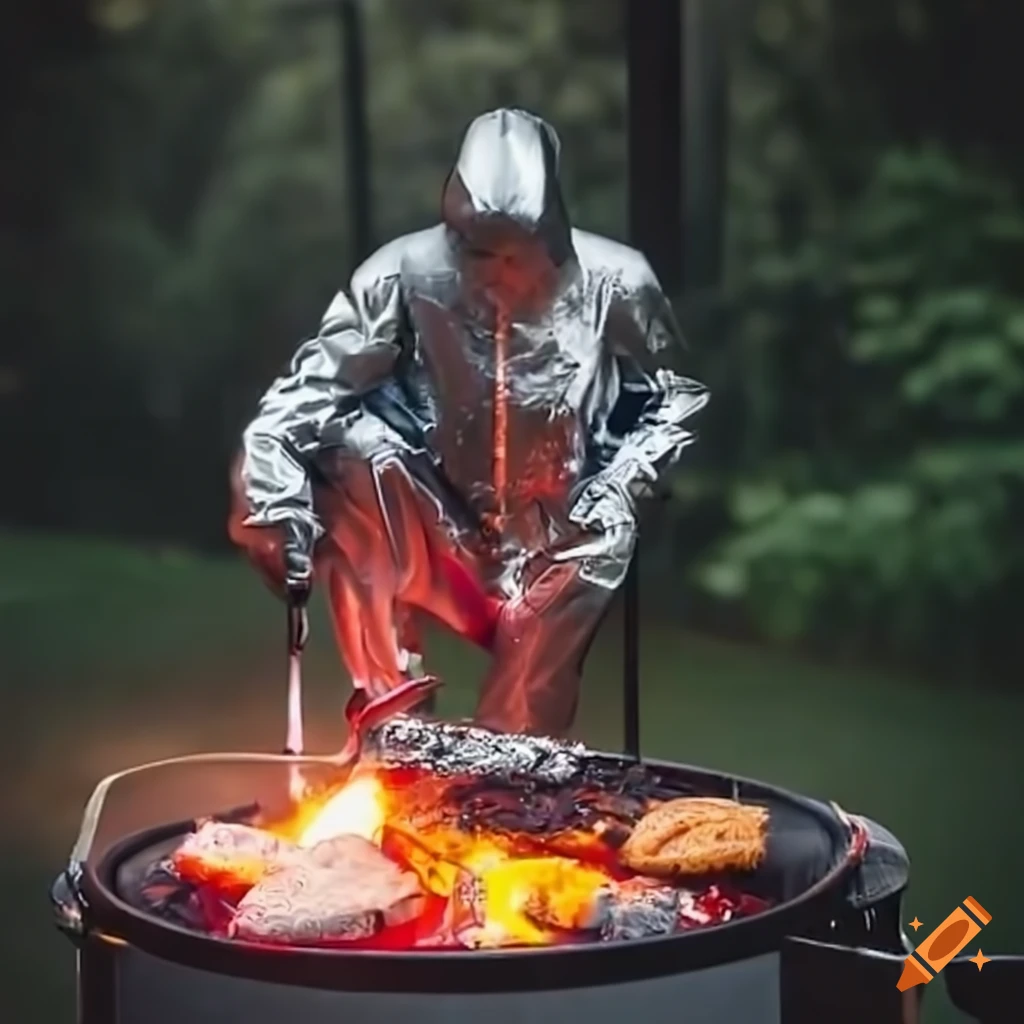 man in a silver fire proximity suit grilling food