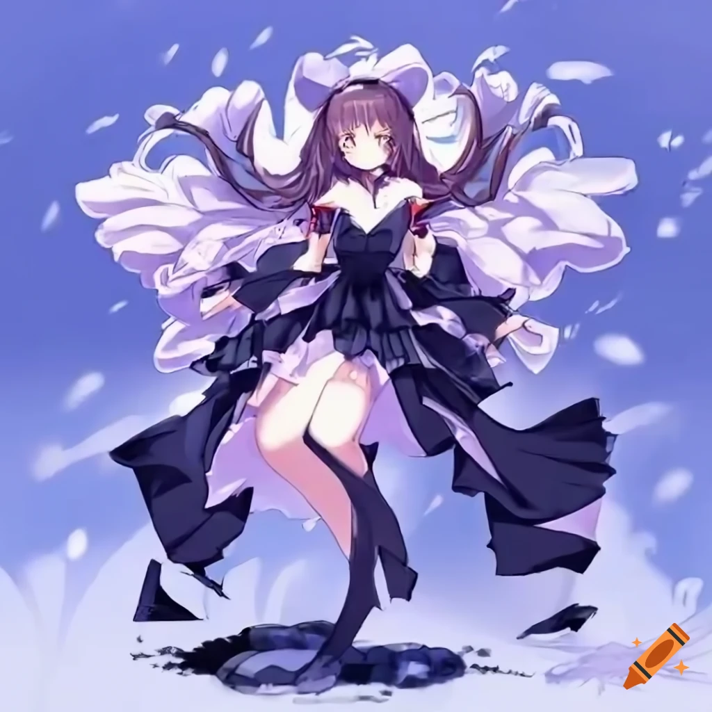 Aimée Ruffels Anime girl with long wavy hair and detailed black dress on Craiyon