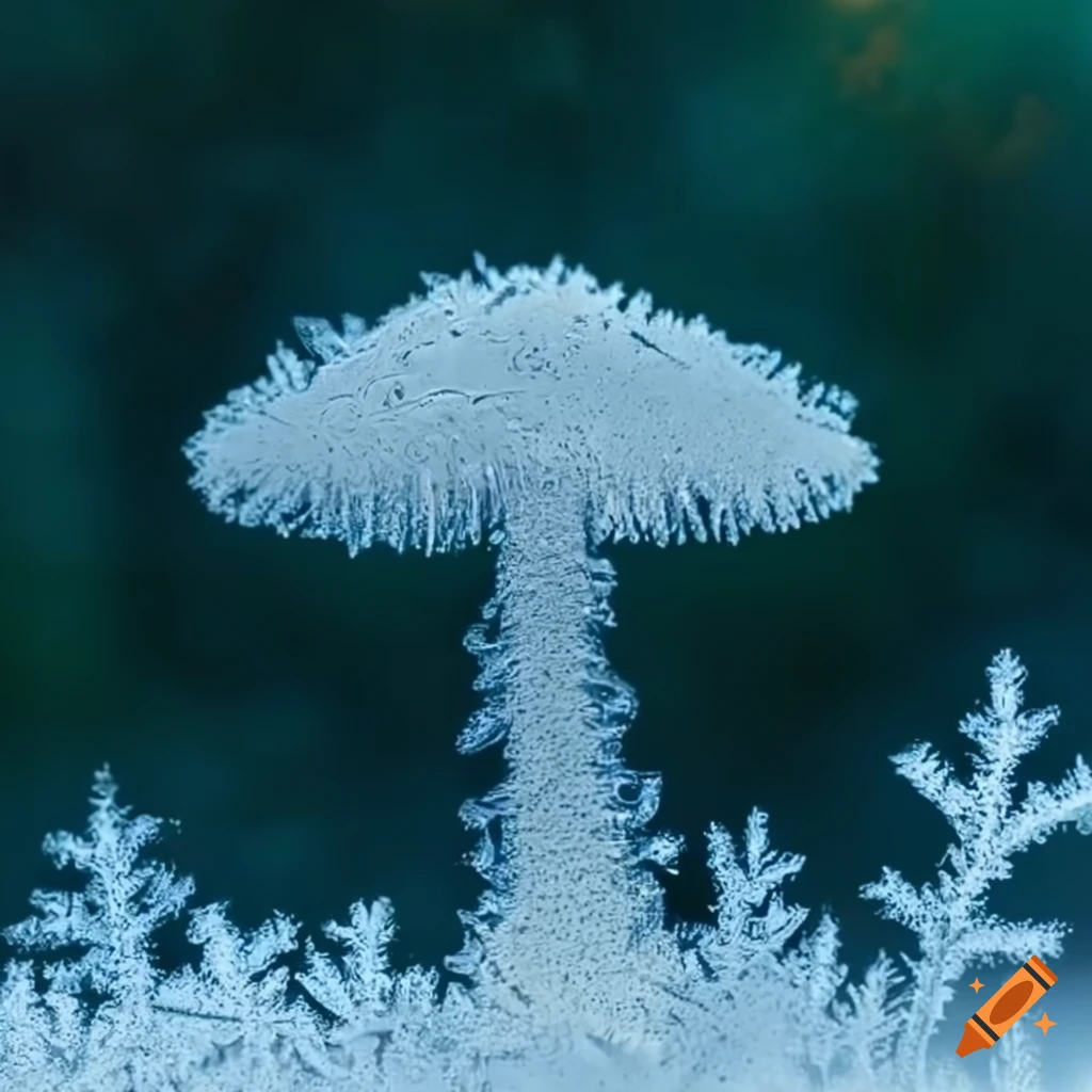 mushroom-shaped frost patterns on glass