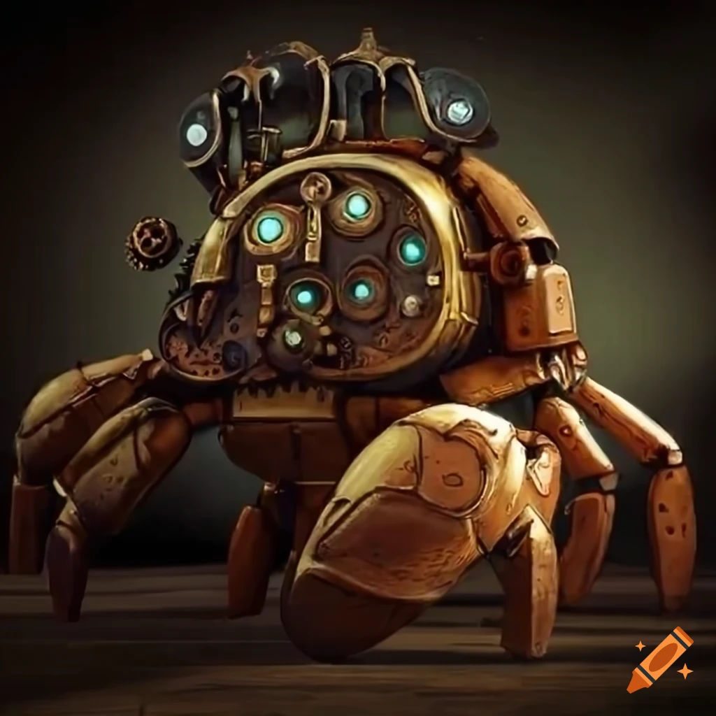 steampunk crab robot in a fantasy city