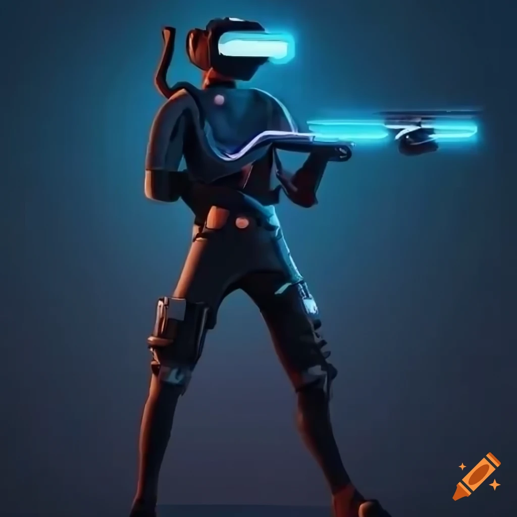 Cyberpunk game character with vr glasses and futuristic rifle on Craiyon