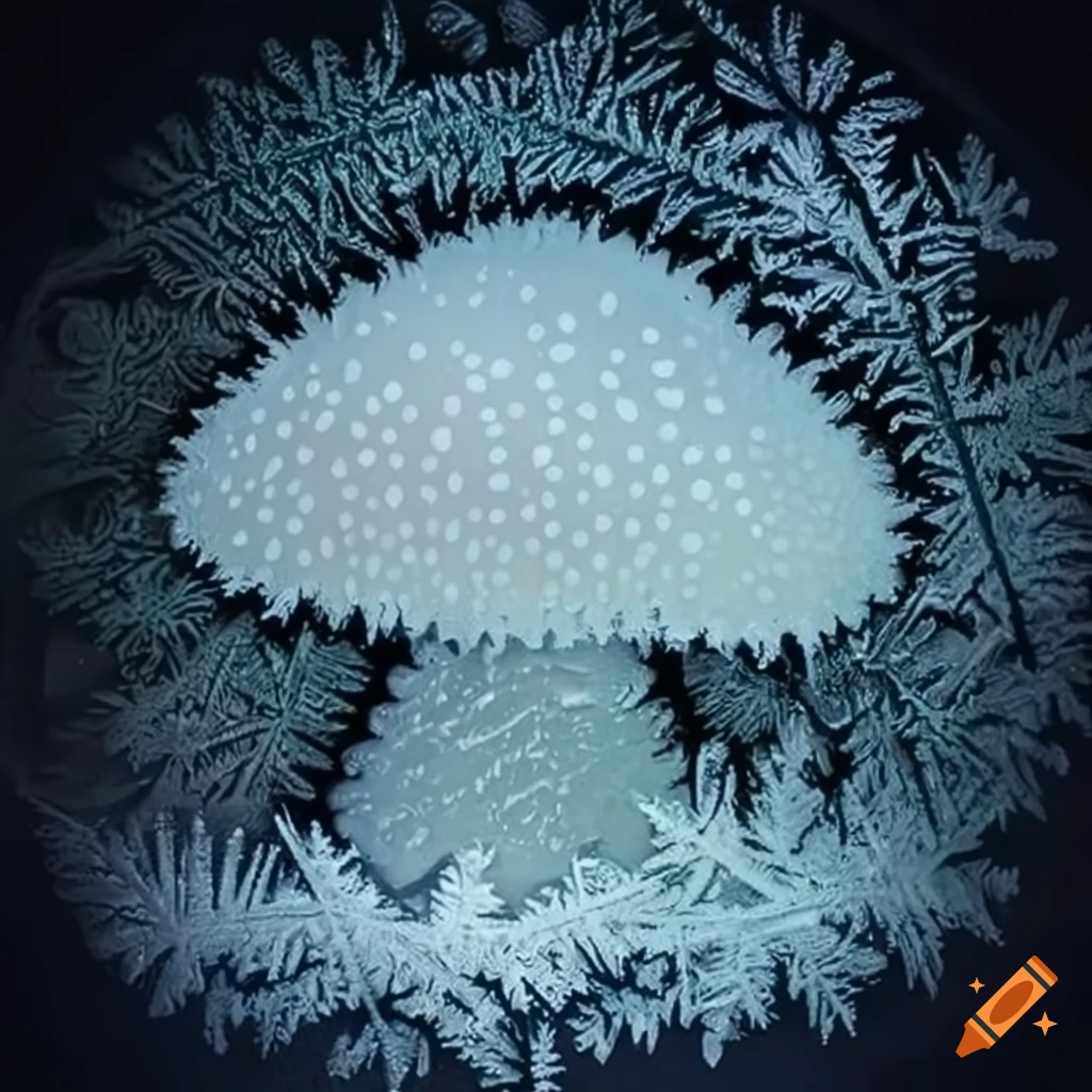 frost patterns forming a mushroom on glass