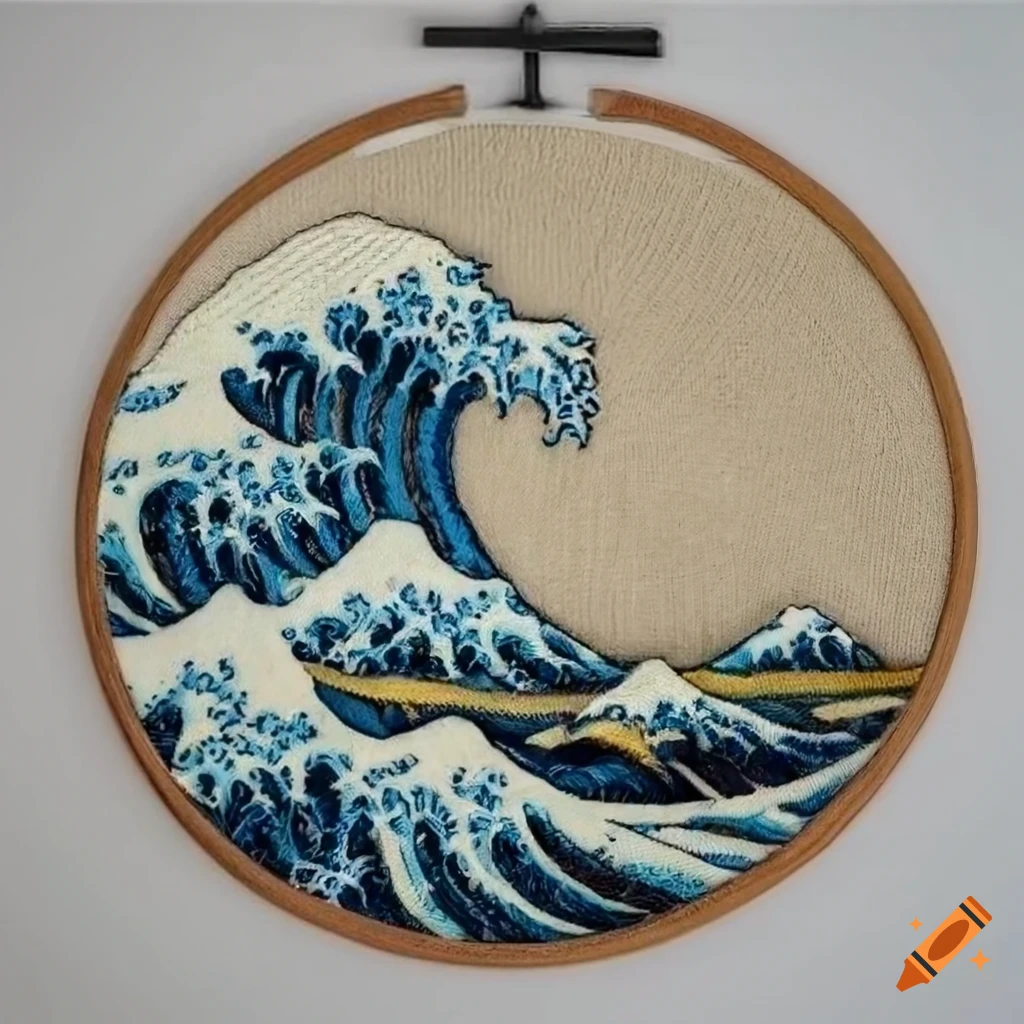 Round embroidery of the great wave off kanagawa on Craiyon