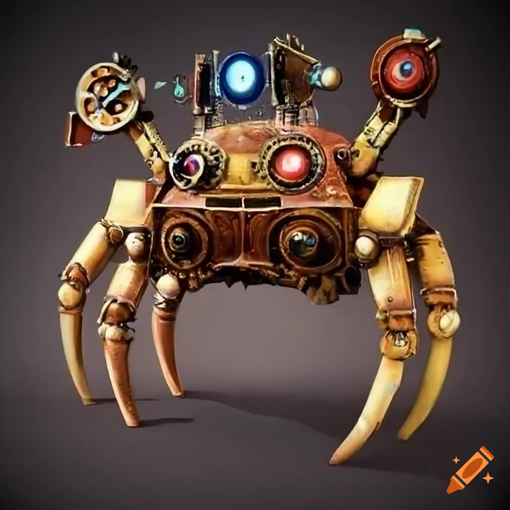steampunk crab robot with ruby eyes