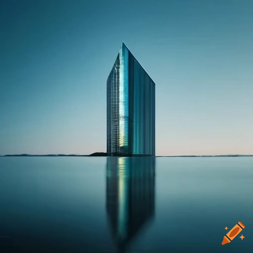 glass skyscraper reflected in an artificial lake
