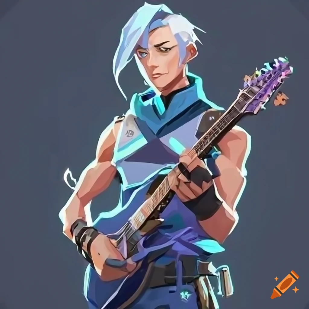 Fan art of male jett from valorant with electric guitar and pizza