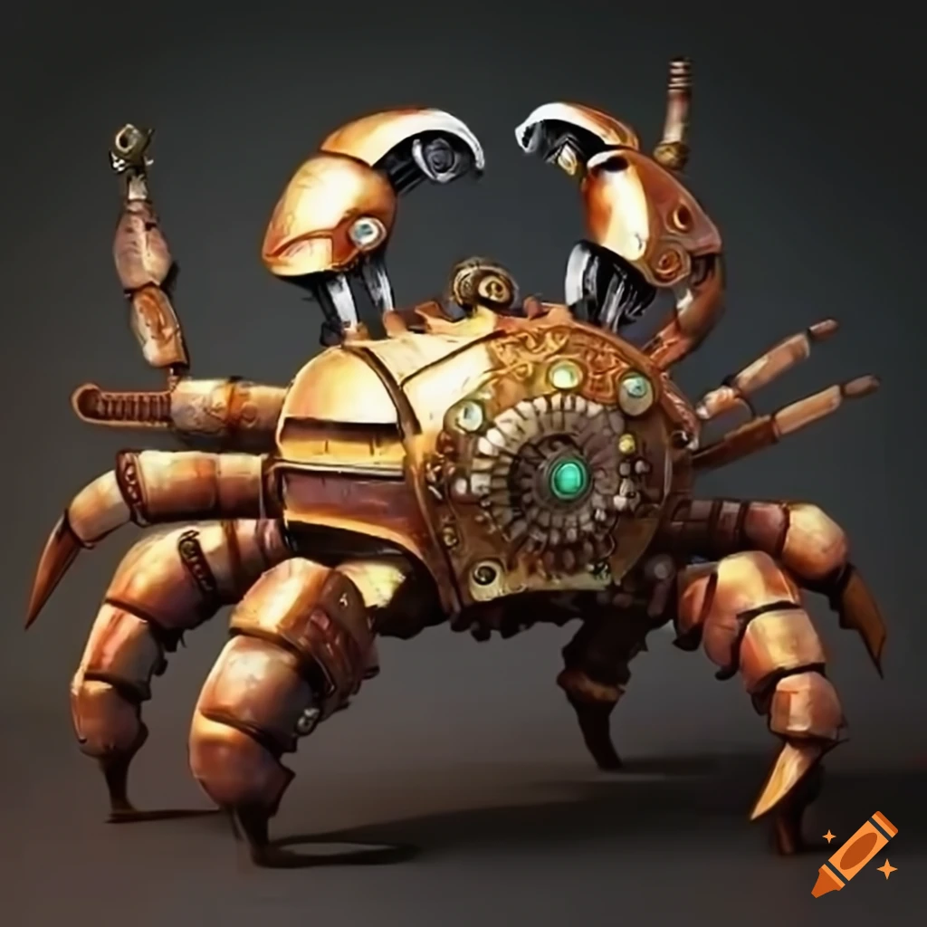 steampunk crab robot in a fantasy city