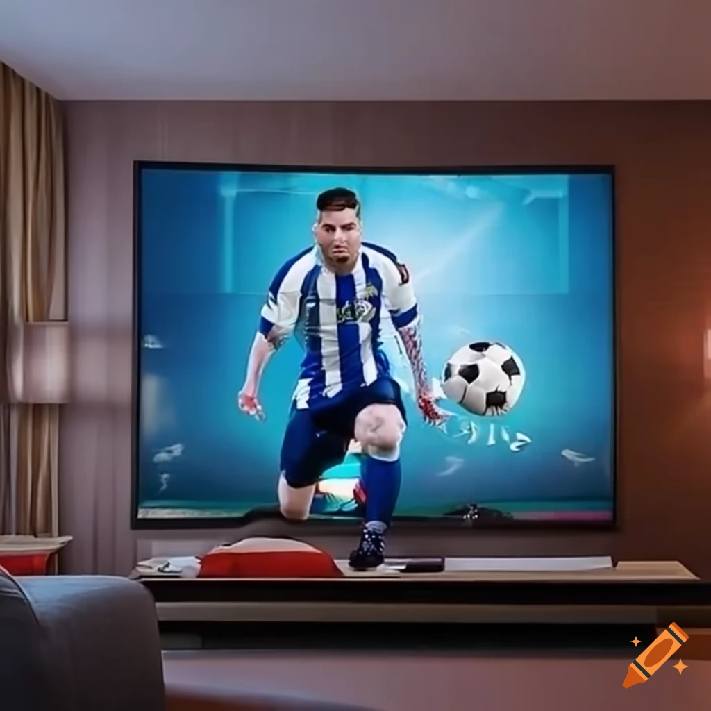 luxurious hotel room with large TV and football match