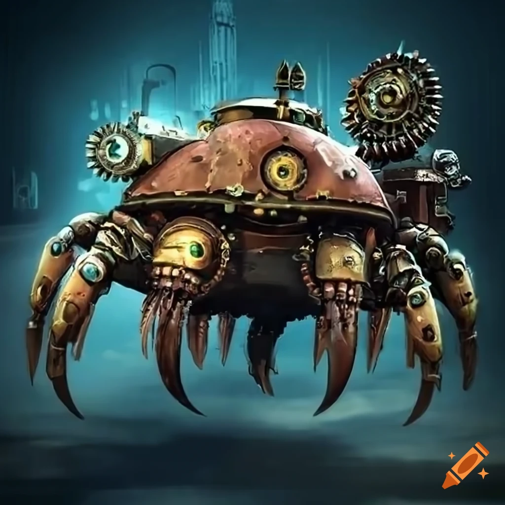 steampunk crab robot in a fantasy city