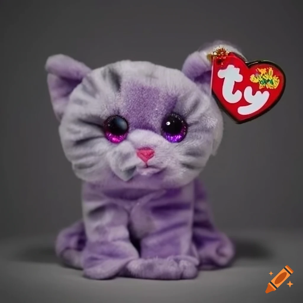 Purple and gray beanie baby cat with glitter eyes