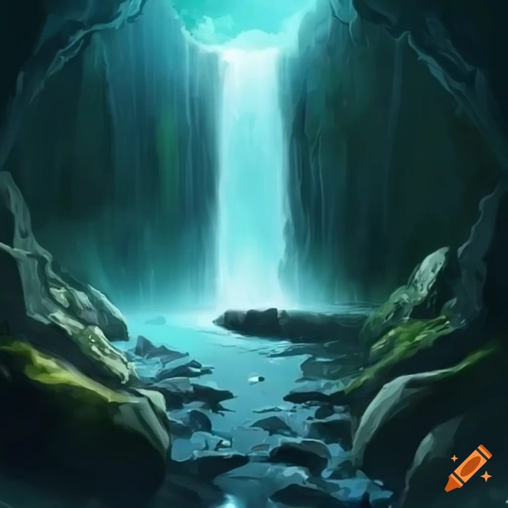 A mystical portal behind a waterfall on Craiyon