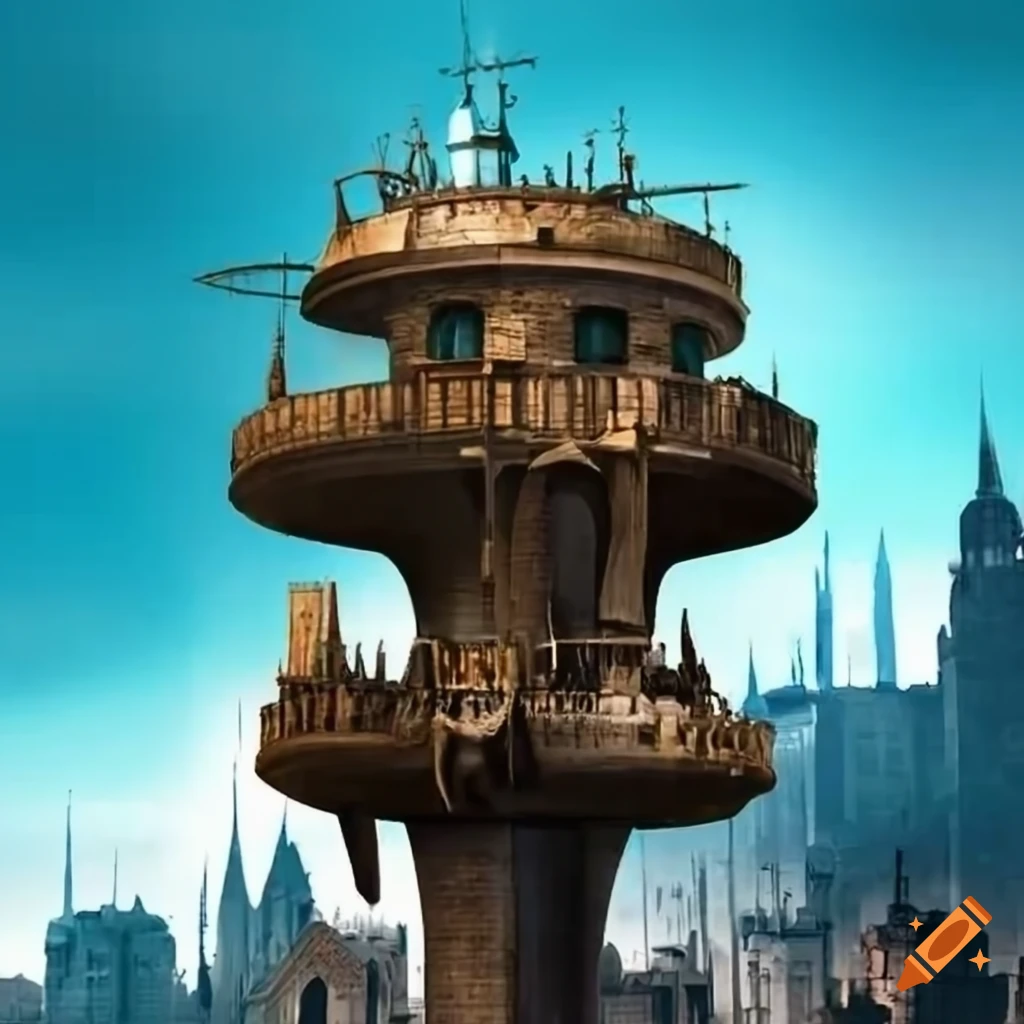 Steampunk city with a unique tree-building in the square on Craiyon