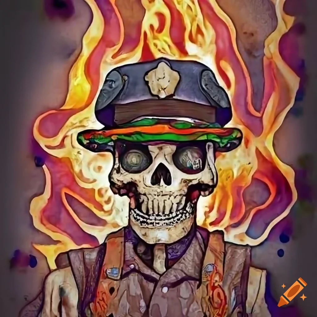 fiery Mexican skeleton with police hat logo