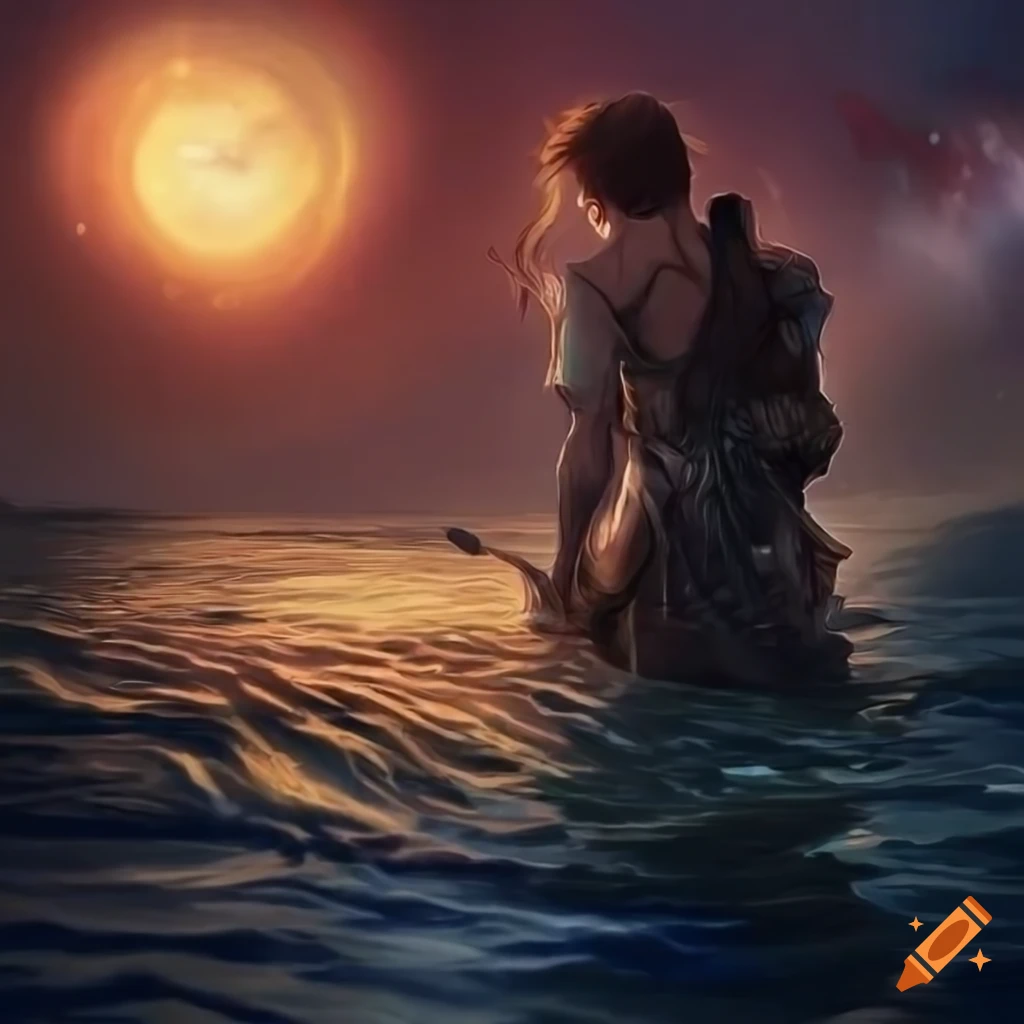 Anime style portrait of a man at sunset emerging from the sea
