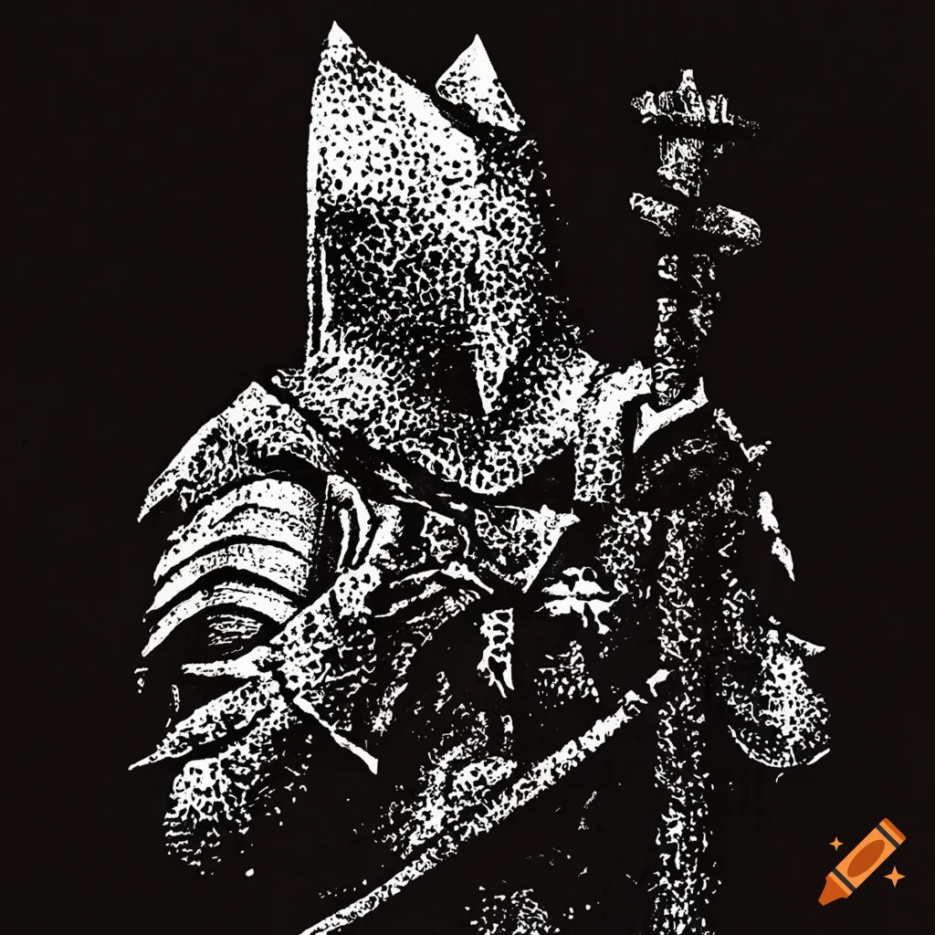 Stippled print of a grunge knight with texture