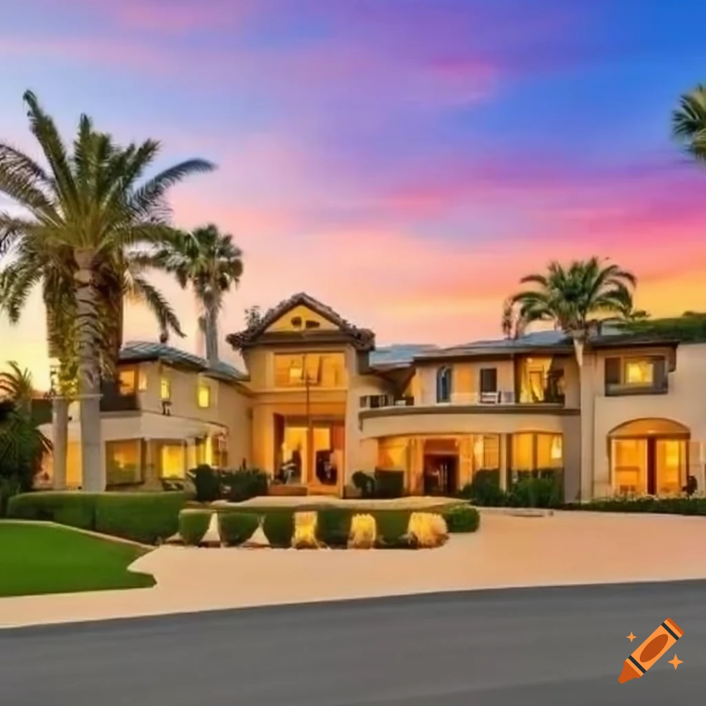 Sunset View Of A Luxurious California Mansion On Craiyon