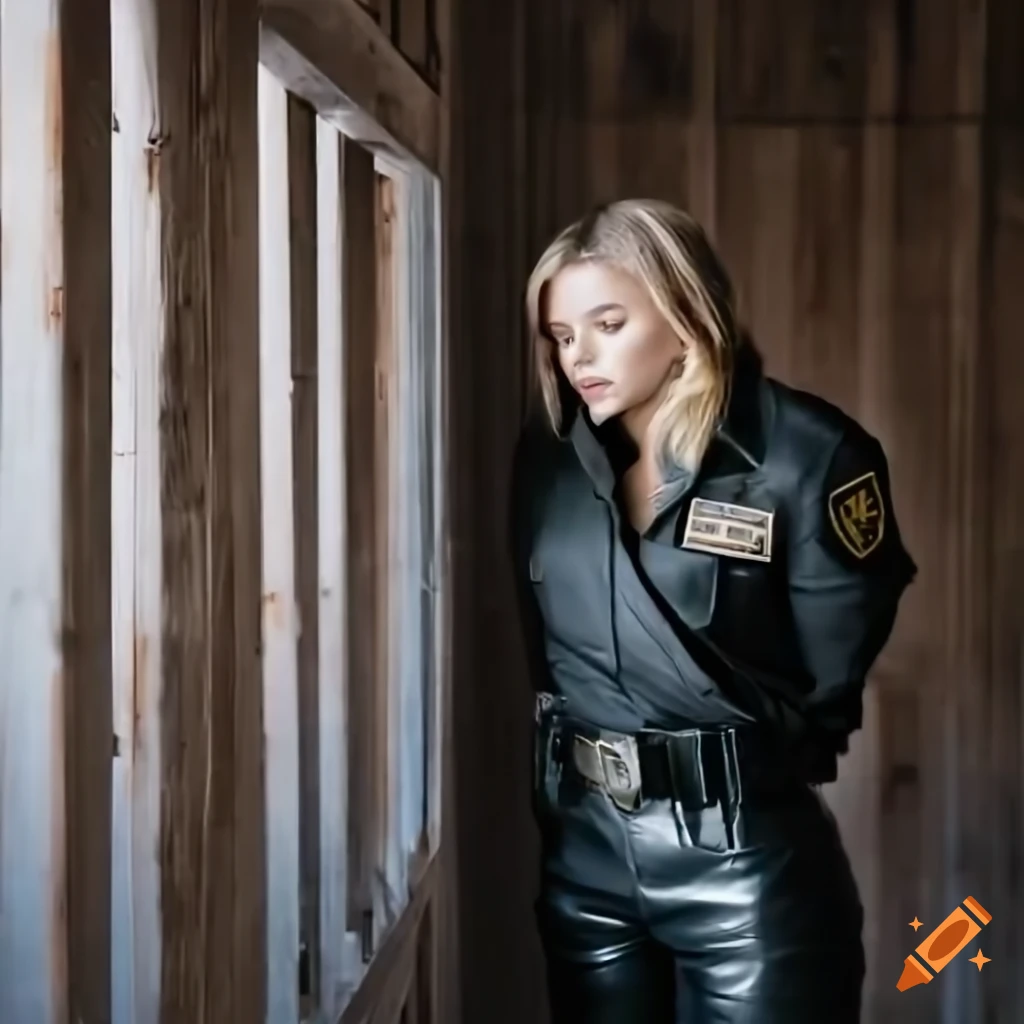 photograph of a country policewoman looking through a barn door