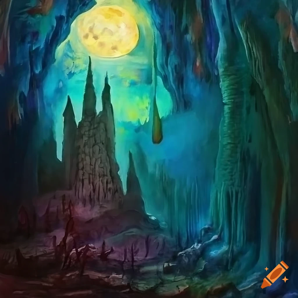 oil painting of a sinister castle under a moonlit sky