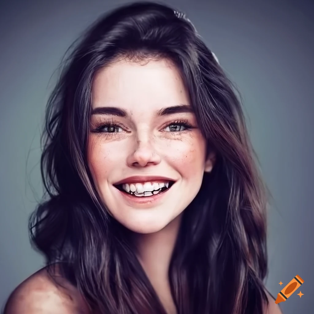 Portrait of a beautiful young woman with freckles and dark hair on Craiyon