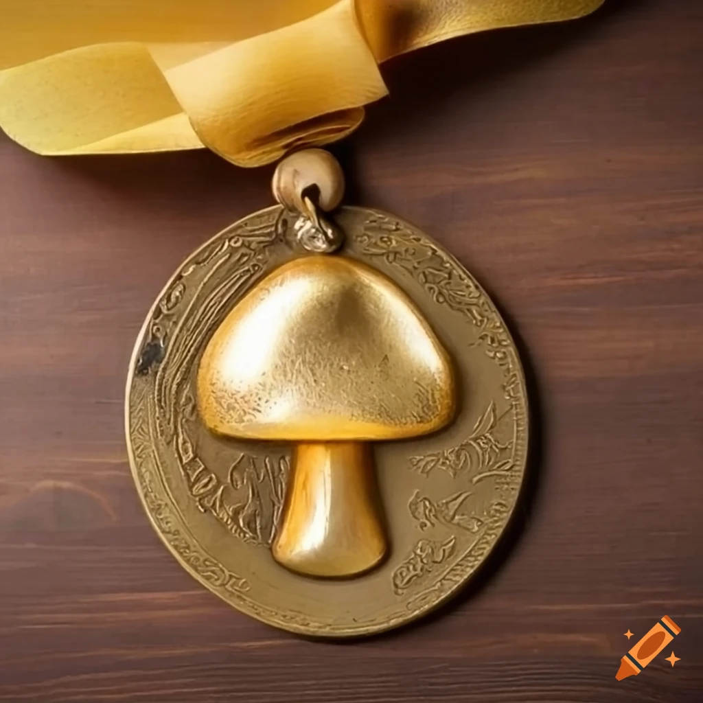 antique golden mushroom-shaped medal on a wooden table