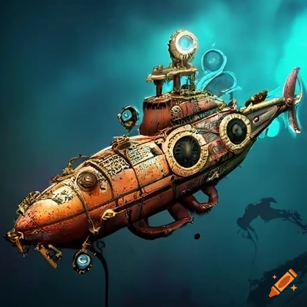 a unique steampunk lobster-submarine