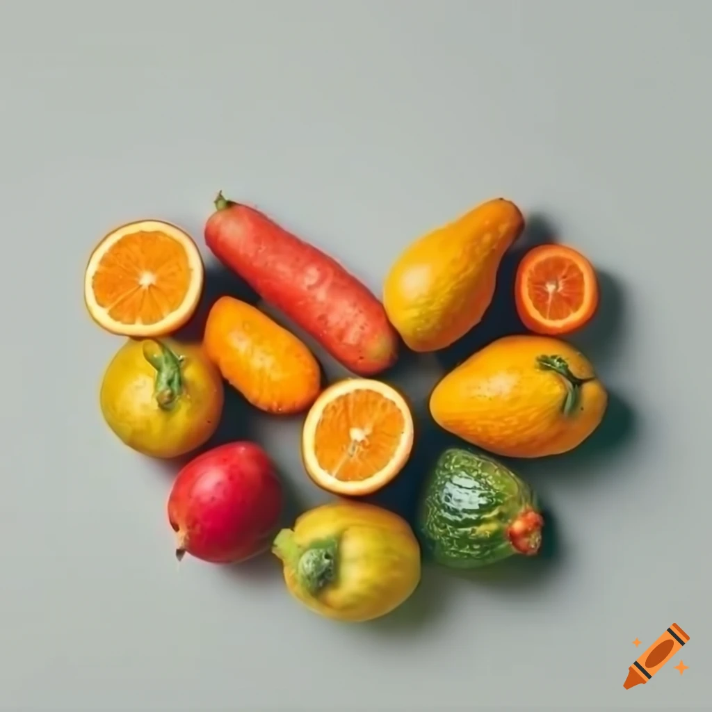 vibrant heart-shaped arrangement of painted fruits and vegetables