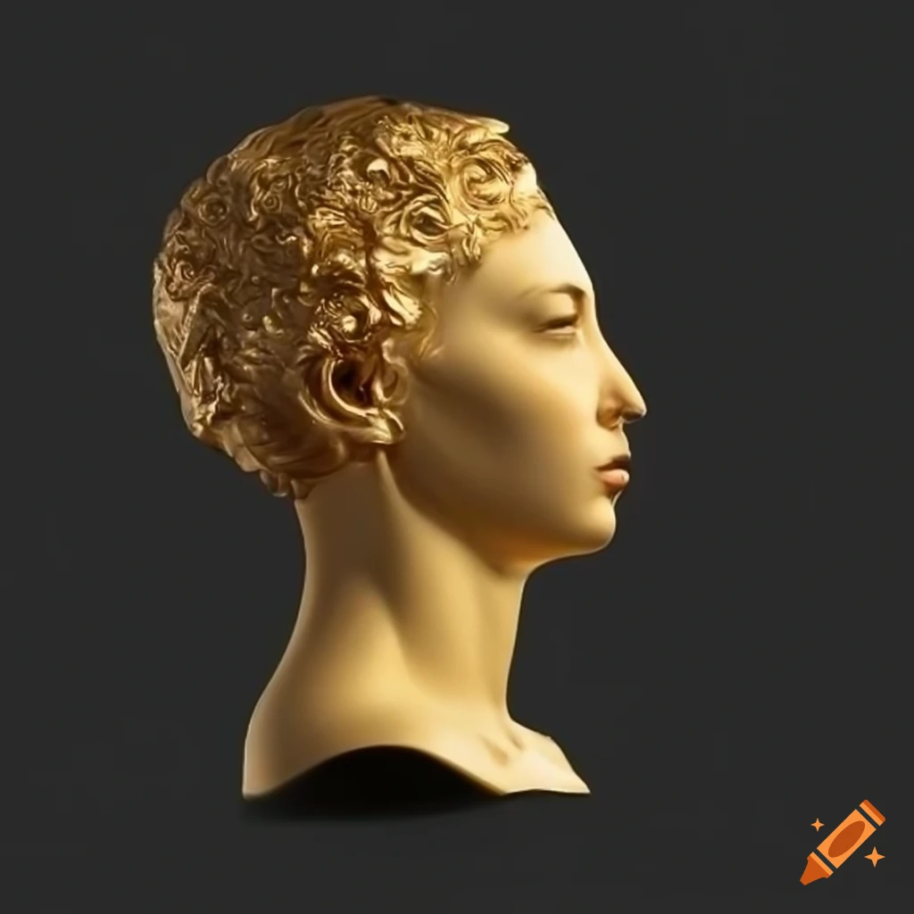 gold sculpture of a woman's face in profile