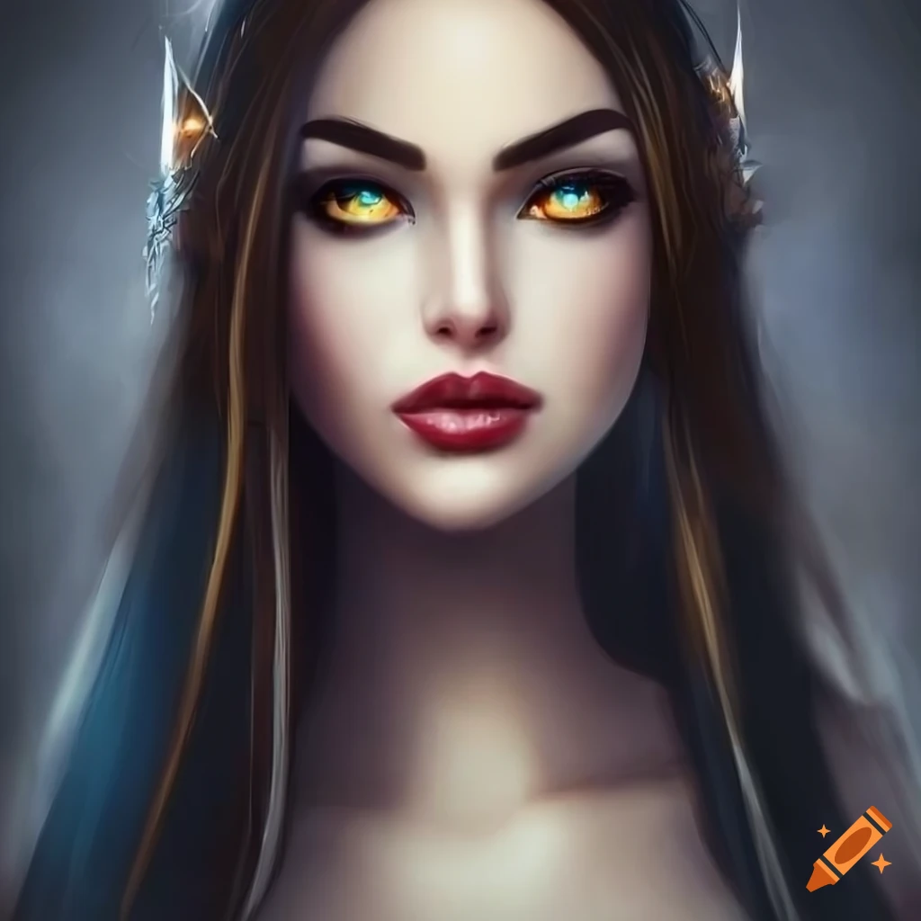 worn-walrus279: Half-elf female with long black hair liquid golden eyes  with a dark barmaid outfit