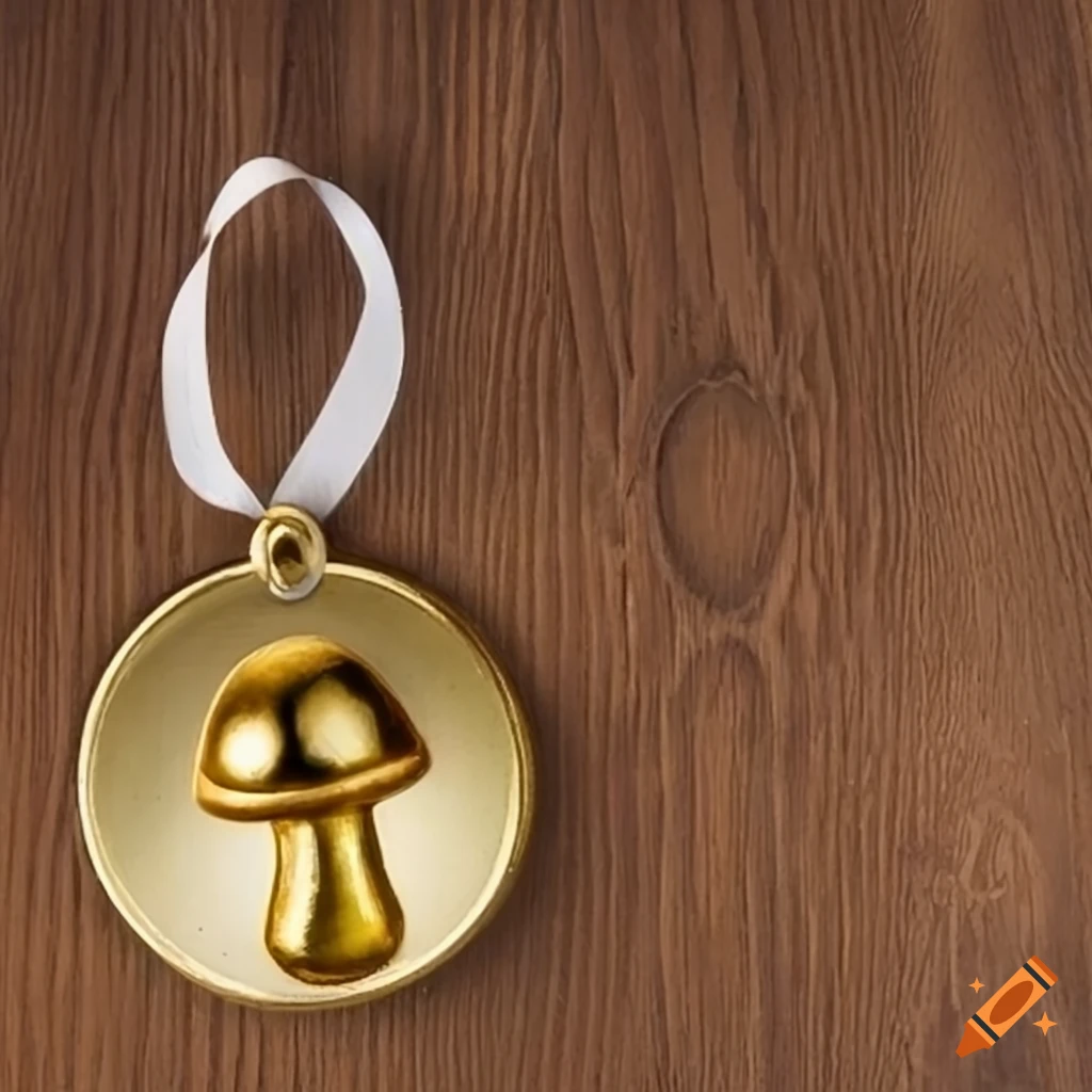 antique golden mushroom medal on wooden table