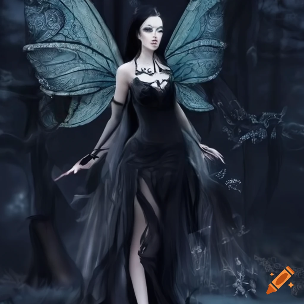 Dark elemental fairy with black dress and long hair on Craiyon