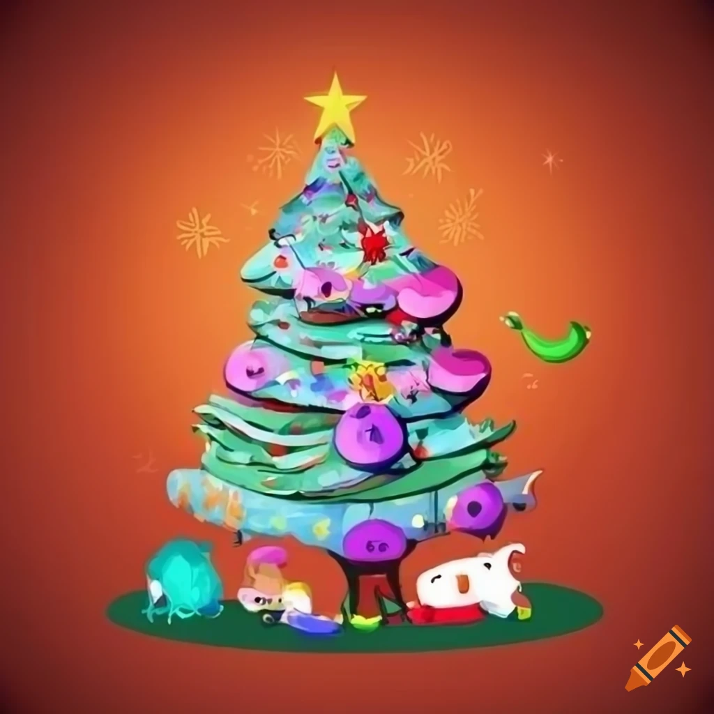 Cartoon art of a christmas tree with a cat on Craiyon