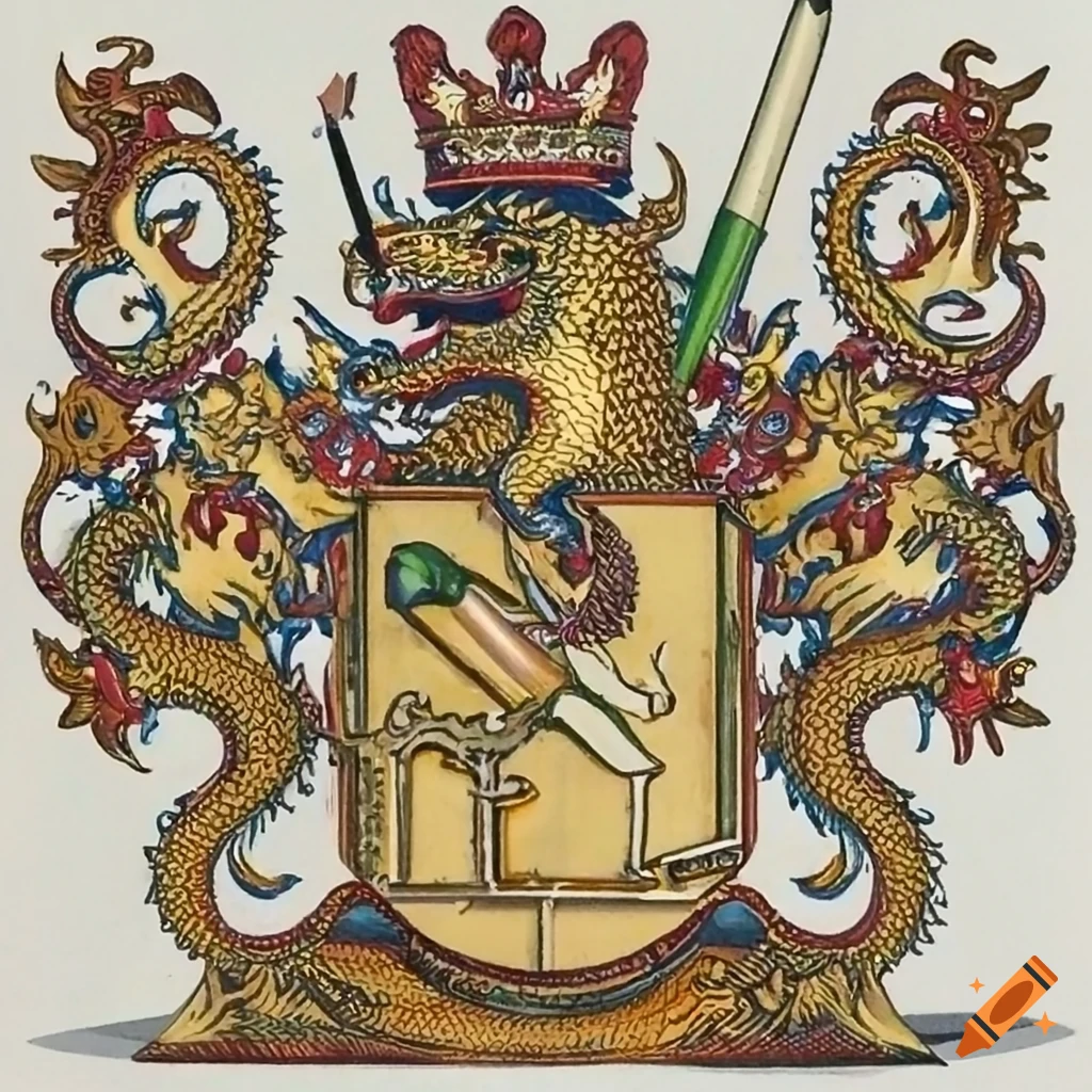 coat of arms with a golden dragon holding a pencil and ruler
