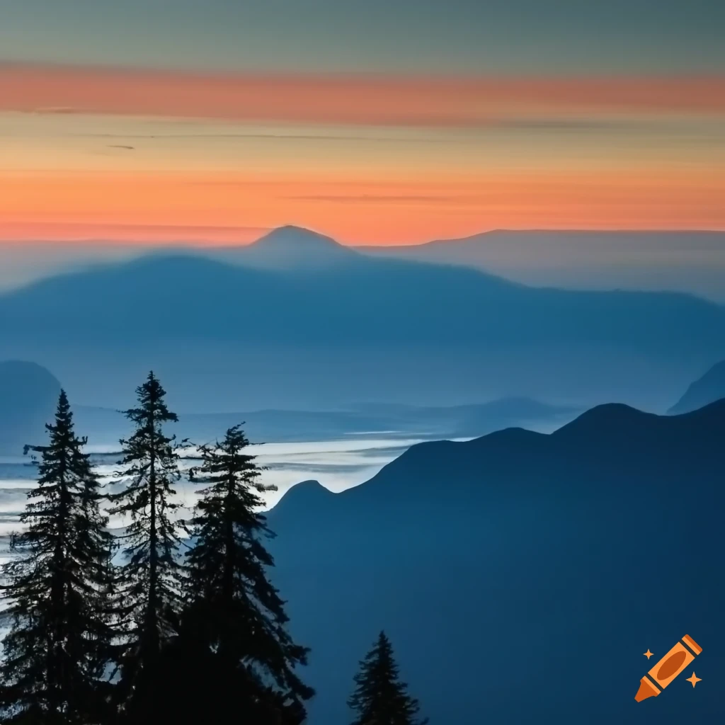 Scenic Mountain Top View At Sunset With Colorful Sky And Blue Forest On scenic-mountain-top-view-at-sunset-with-colorful-sky-and-blue-forest-on