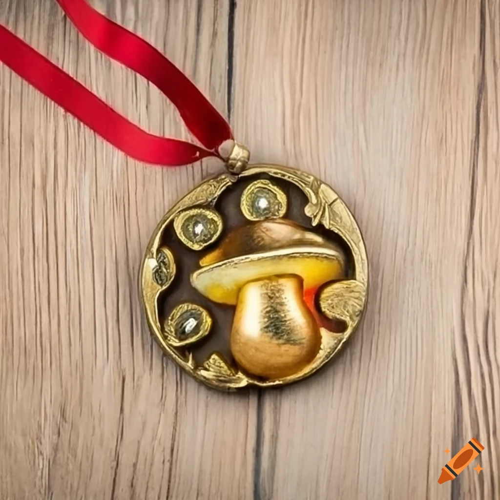 antique golden mushroom-shaped medal on wooden table