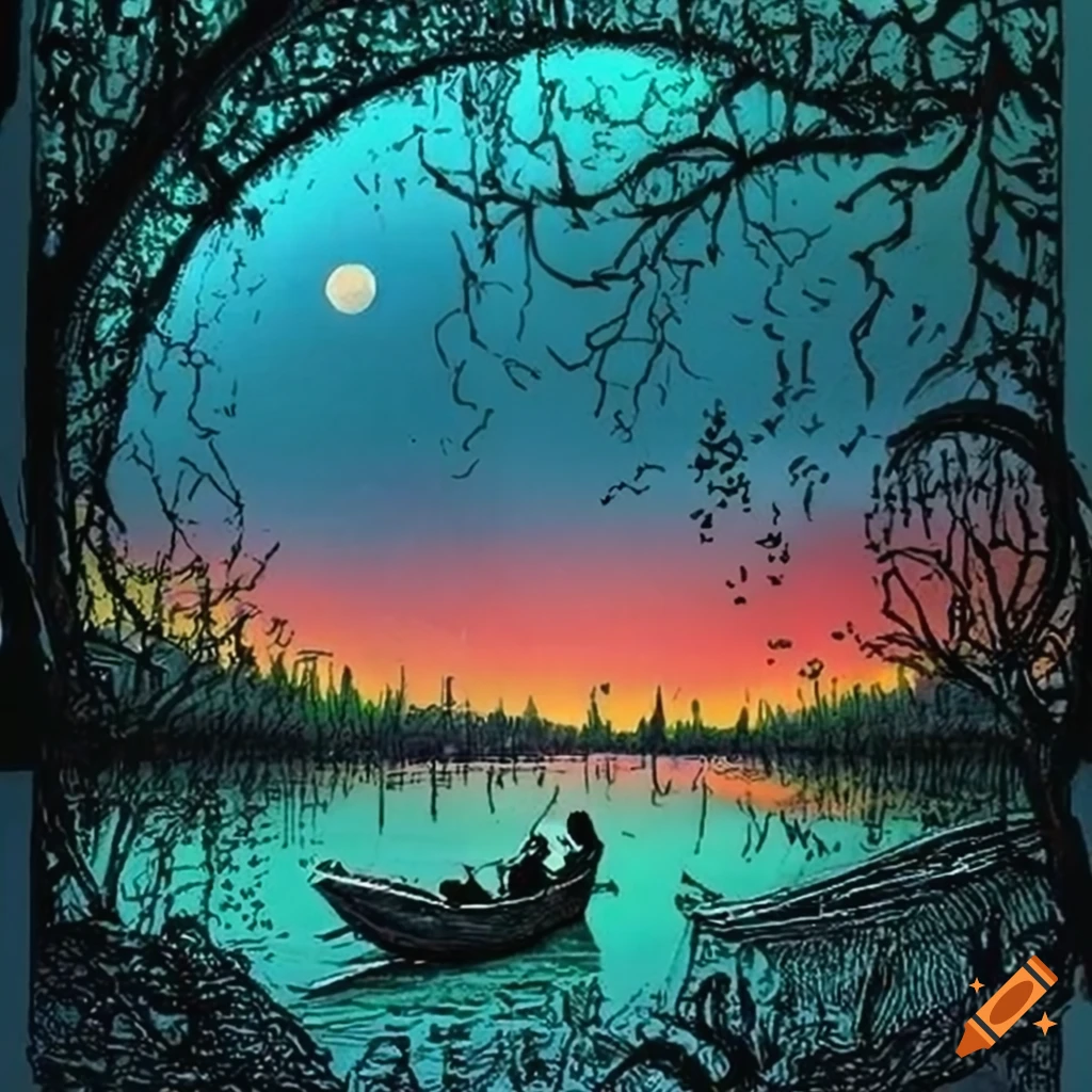 Pen and ink landscape artwork with magical boat under moonlight on Craiyon