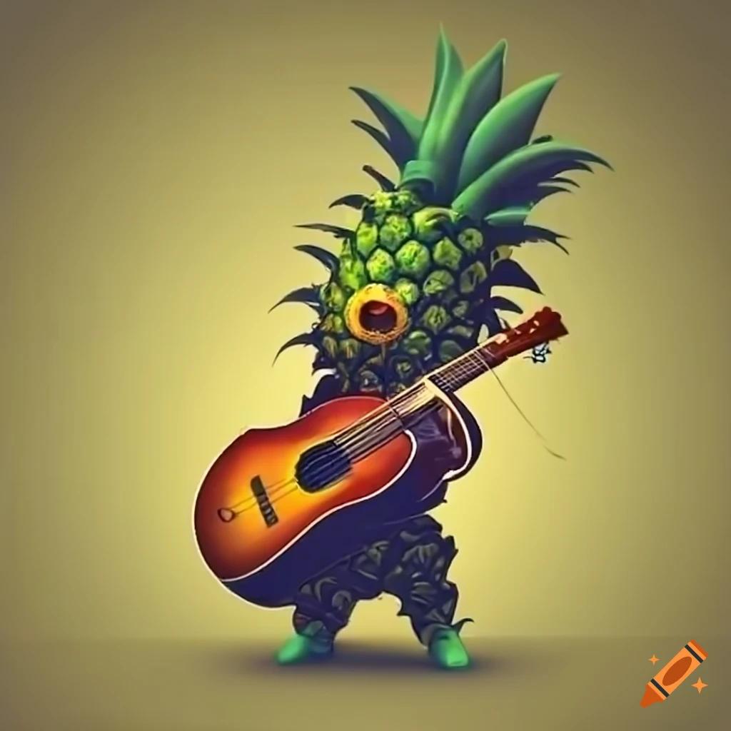 Animated pineapple playing guitar with a hat on Craiyon