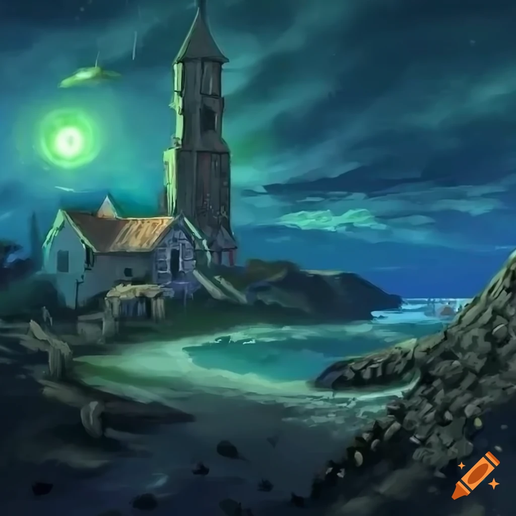cosmic horror invading a seaside village in fantasy artwork