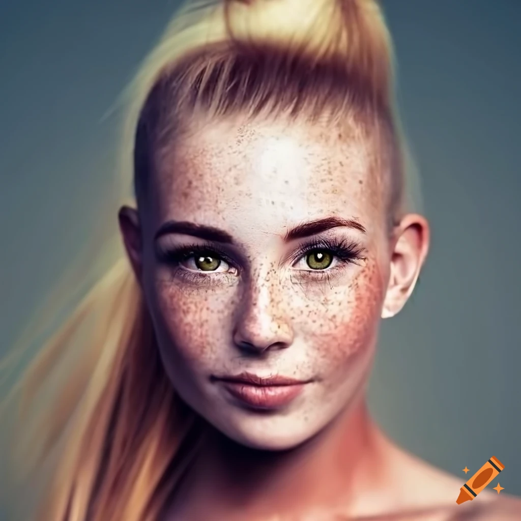 Portrait of a young woman with freckles and a bright smile on Craiyon