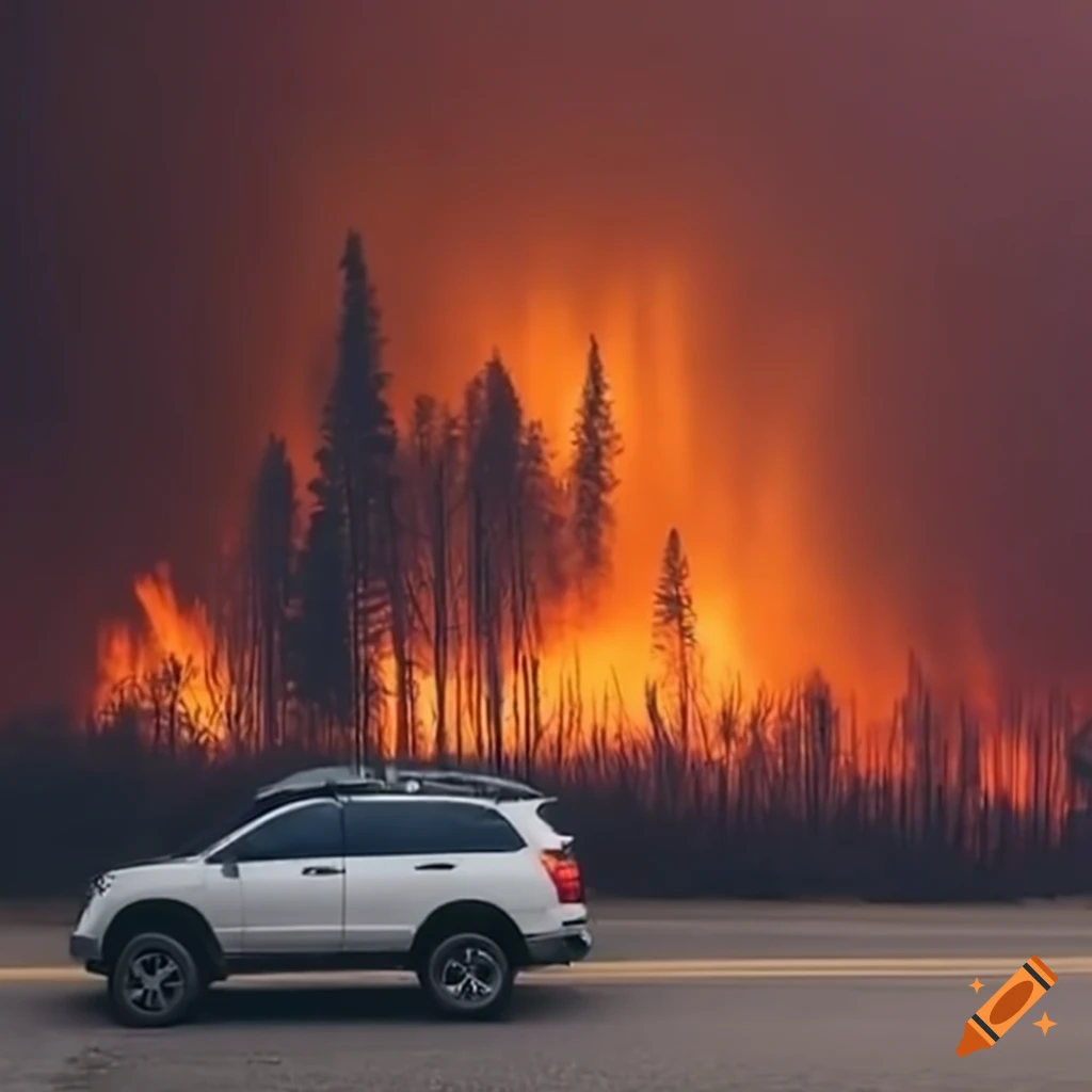 family car escaping a wildfire