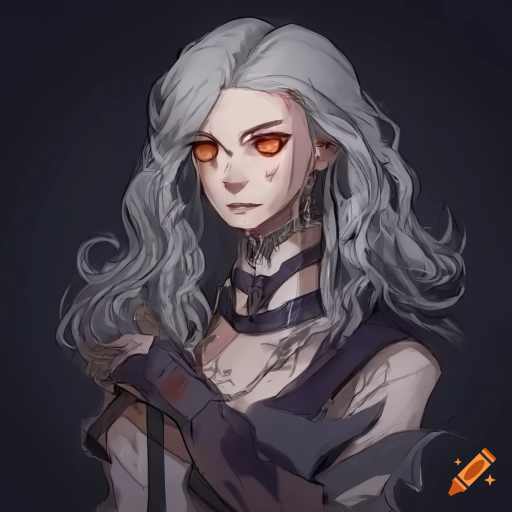 concept art of a dark fantasy knight with grey hair and orange eyes