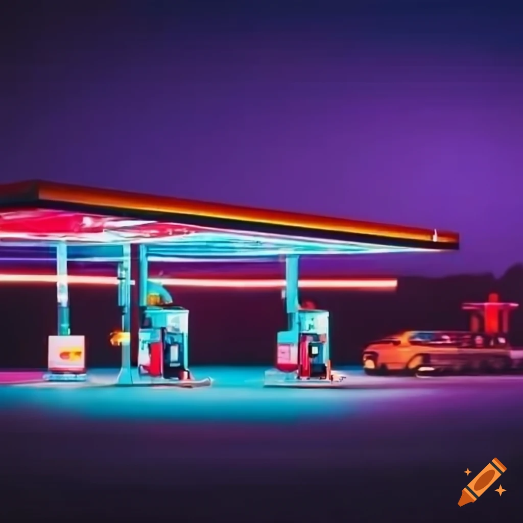 Gas Station With Vibrant Neon Lights At Night On Craiyon