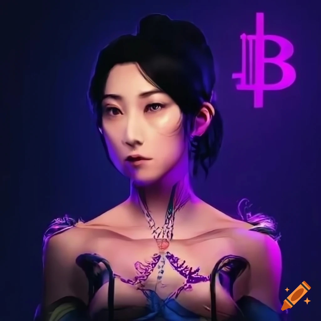 Cyberpunk-themed portrait of Mrs. Watanabe holding a bitcoin on Craiyon