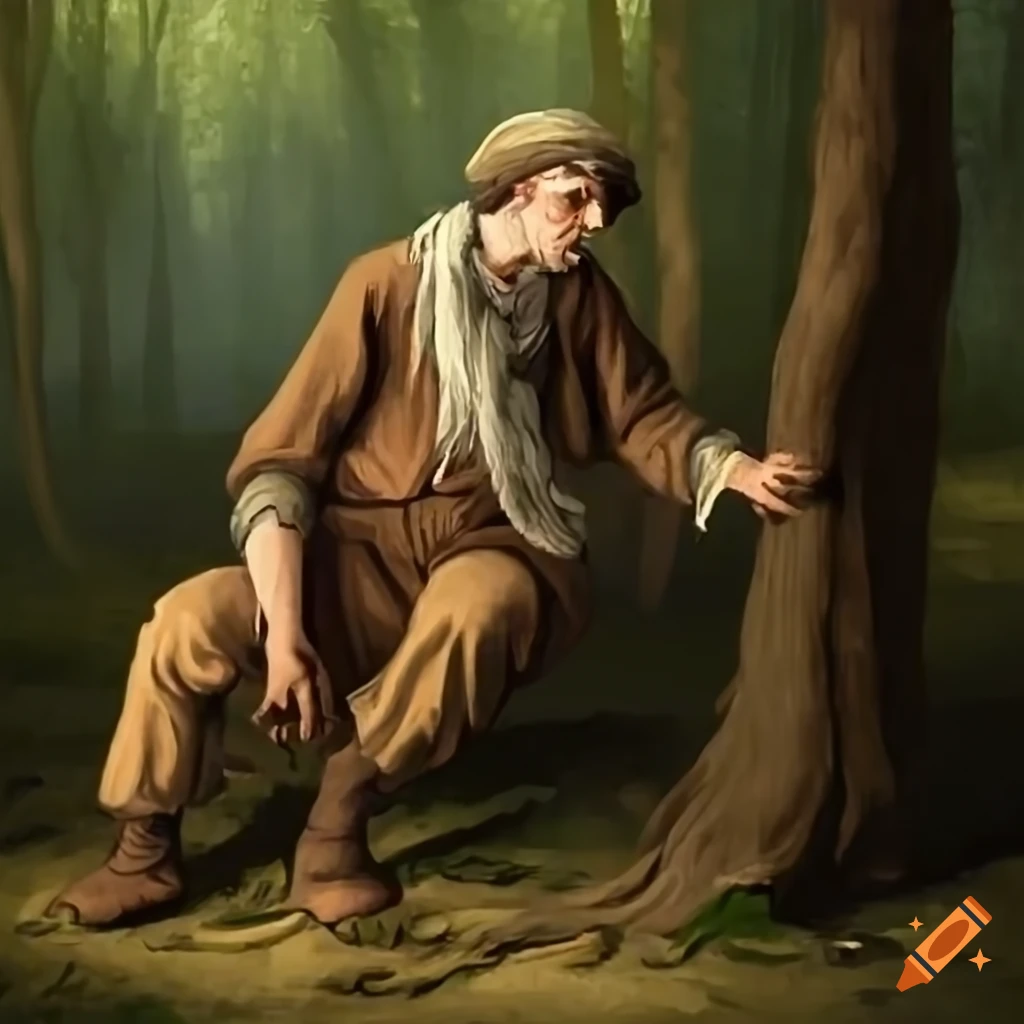 image of a peasant begging in a forest