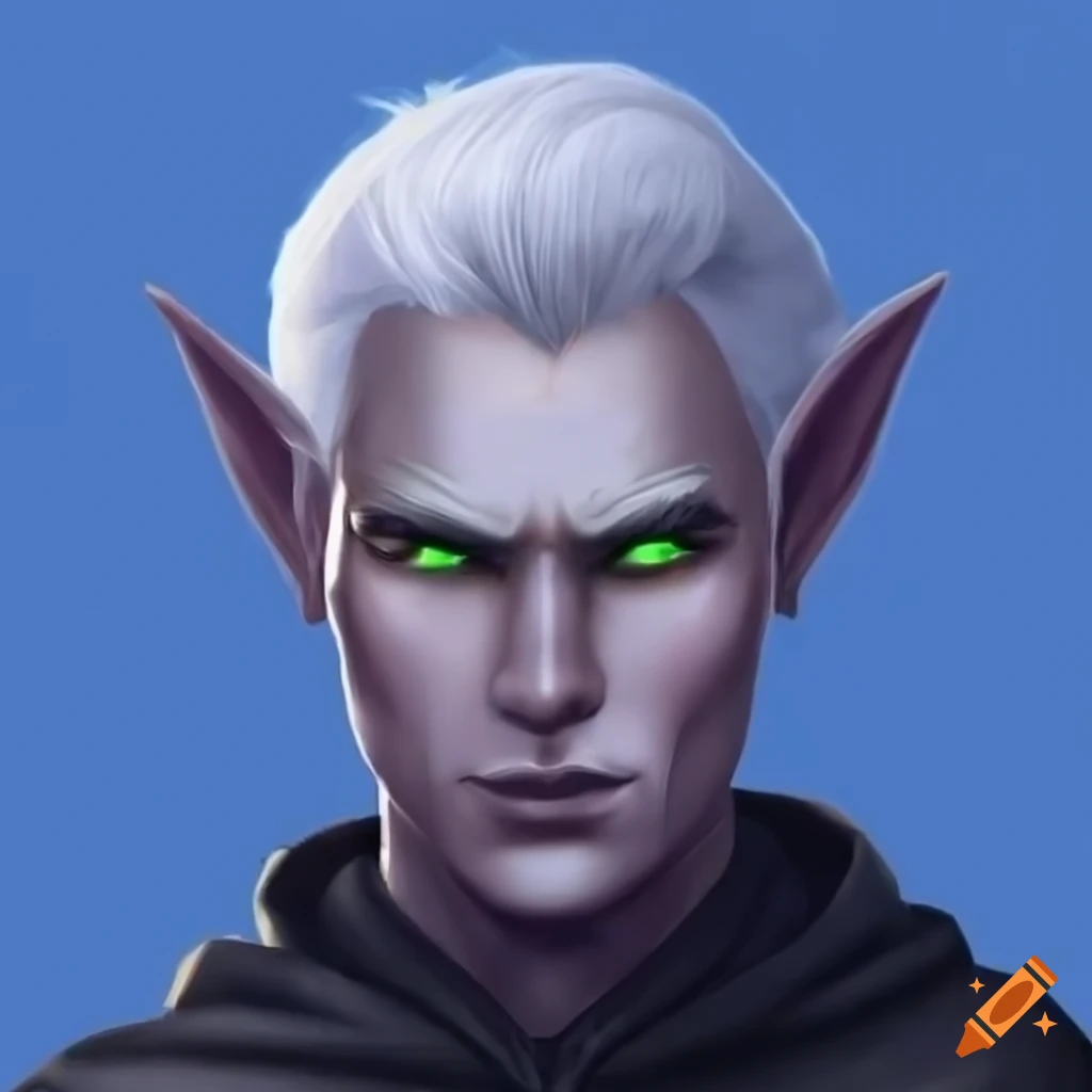 image of a handsome dark elf character with white hair and green eyes